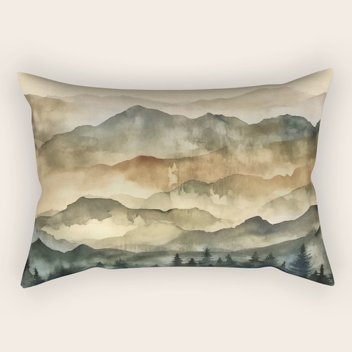 Misty Mountains Watercolor Landscape Rectangular Pillow Gallery Image 1