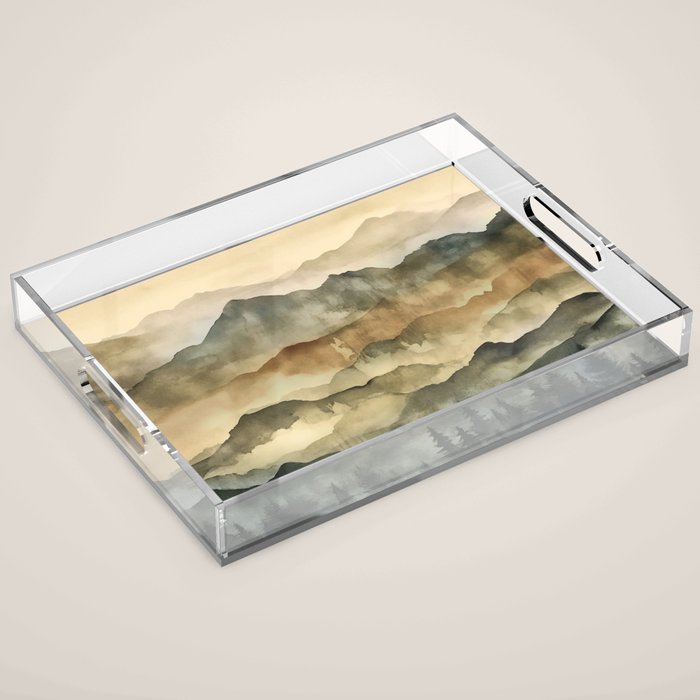 Misty Mountains Watercolor Landscape Acrylic Tray Gallery Image 1