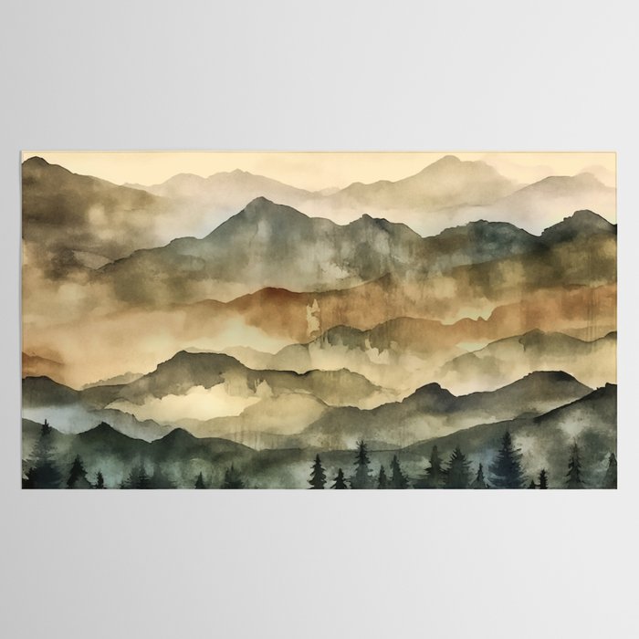 Misty Mountains Watercolor Landscape Tablecloth Gallery Image 2