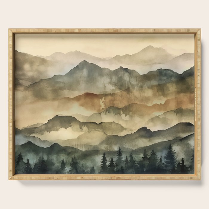 Misty Mountains Watercolor Landscape Serving Tray Gallery Image 1