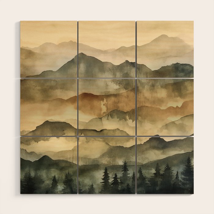 Misty Mountains Watercolor Landscape Wood Wall Art Gallery Image 1