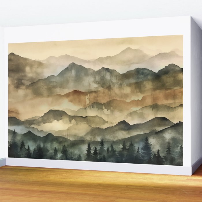 Misty Mountains Watercolor Landscape Wall Mural Gallery Image 2