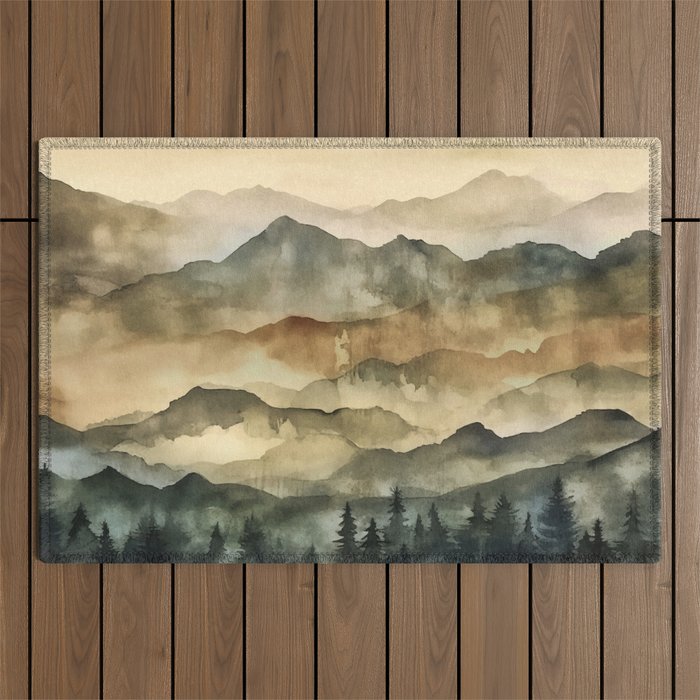 Misty Mountains Watercolor Landscape Outdoor Rug Gallery Image 1