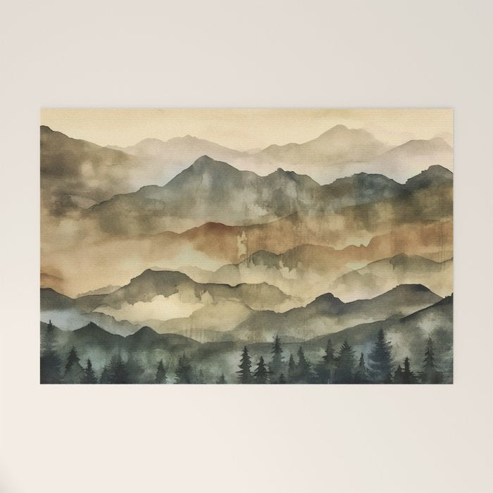 Misty Mountains Watercolor Landscape Welcome Mat Gallery Image 1