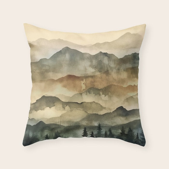 Misty Mountains Watercolor Landscape Throw Pillow Gallery Image 1