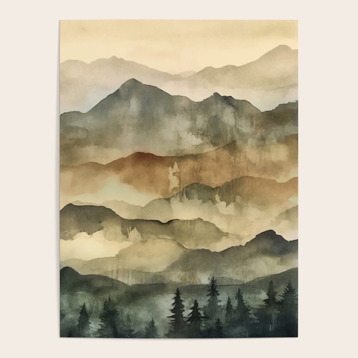 Misty Mountains Watercolor Landscape Poster Gallery Image 1