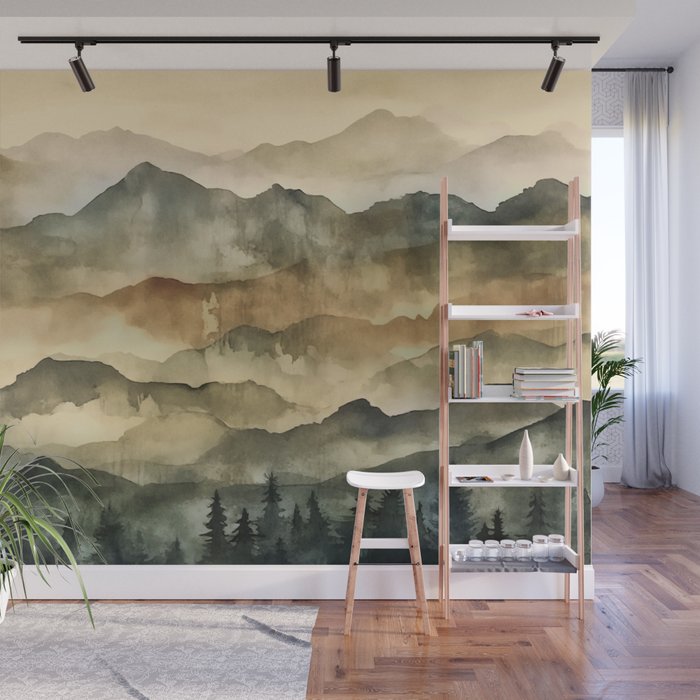 Misty Mountains Watercolor Landscape Wall Mural Gallery Image 1