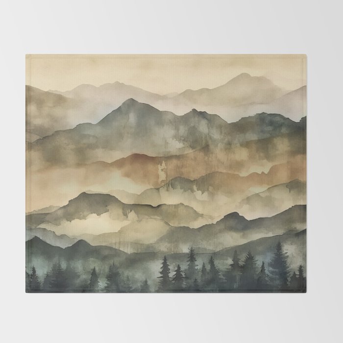 Misty Mountains Watercolor Landscape Throw Blanket Gallery Image 2