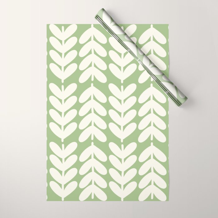 Leaves and Stems Chunky Knit Botanical Pattern in Light Sage Green and Cream Wrapping Paper Gallery Image 1