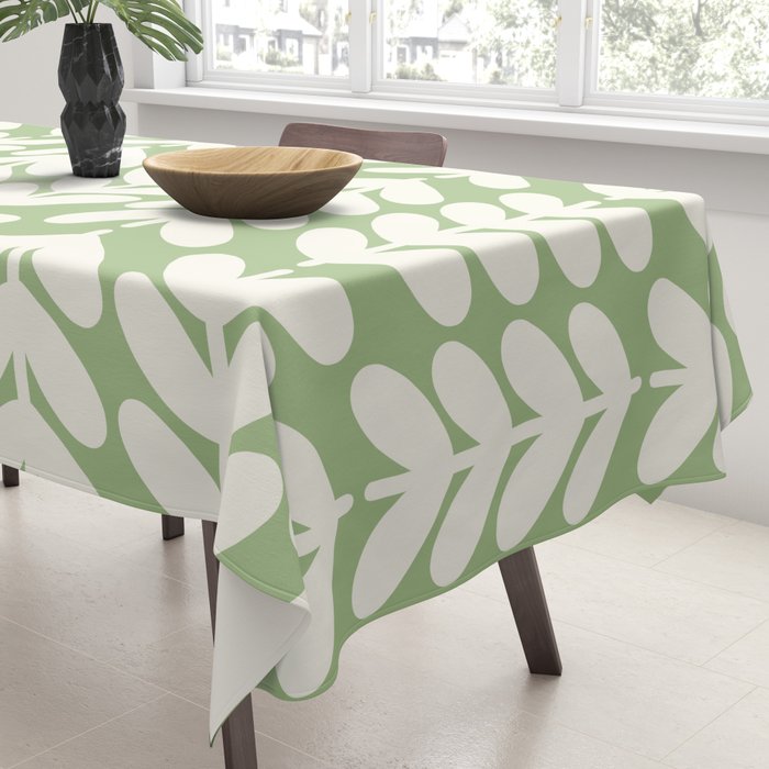 Leaves and Stems Chunky Knit Botanical Pattern in Light Sage Green and Cream Tablecloth Gallery Image 3
