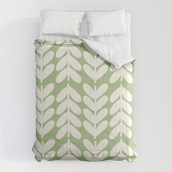 Leaves and Stems Chunky Knit Botanical Pattern in Light Sage Green and Cream Comforter Gallery Image 6