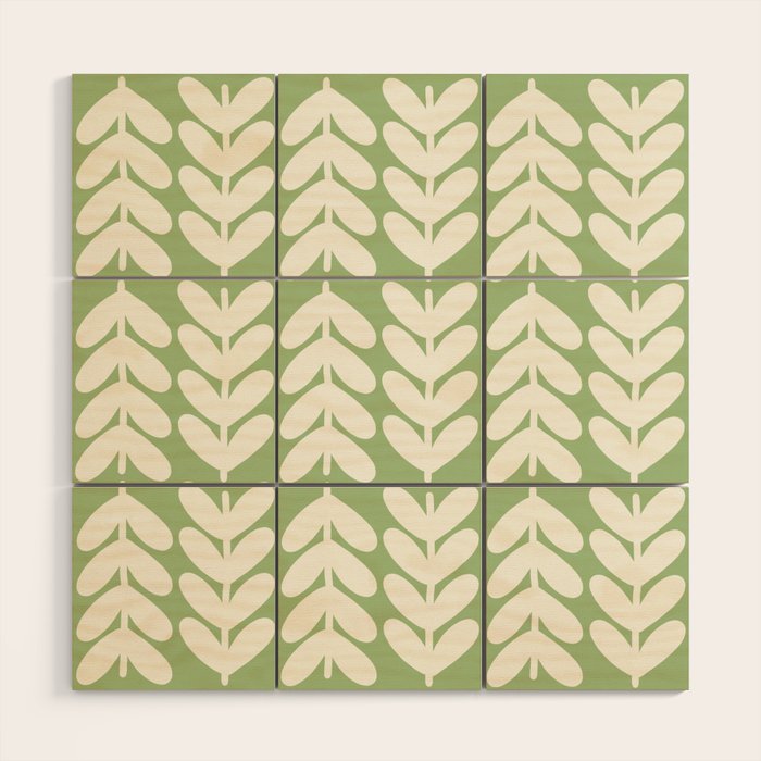 Leaves and Stems Chunky Knit Botanical Pattern in Light Sage Green and Cream Wood Wall Art Gallery Image 1