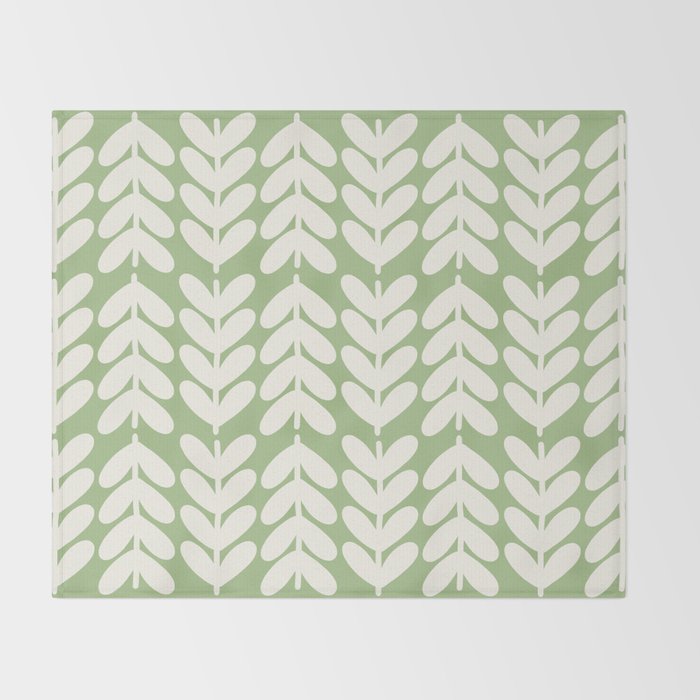 Leaves and Stems Chunky Knit Botanical Pattern in Light Sage Green and Cream Throw Blanket Gallery Image 2