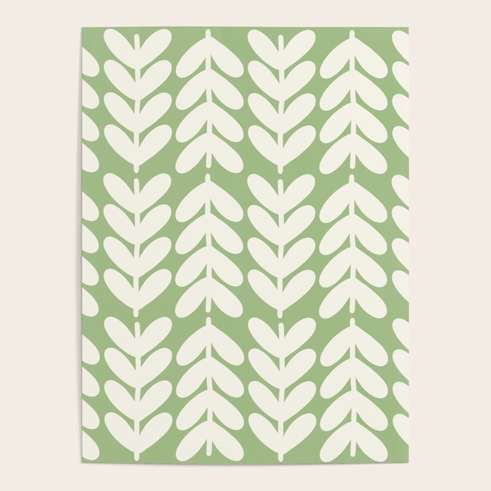Leaves and Stems Chunky Knit Botanical Pattern in Light Sage Green and Cream Poster Gallery Image 1