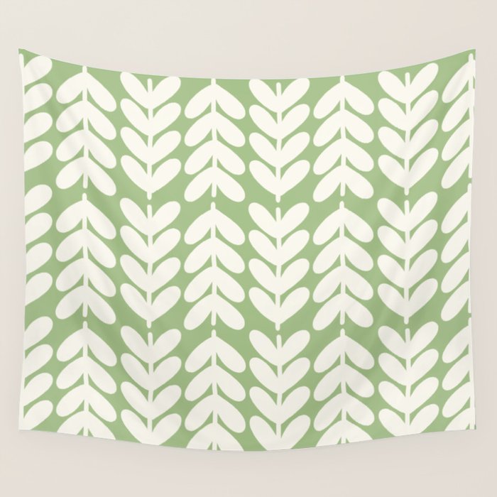 Leaves and Stems Chunky Knit Botanical Pattern in Light Sage Green and Cream Wall Tapestry Gallery Image 4