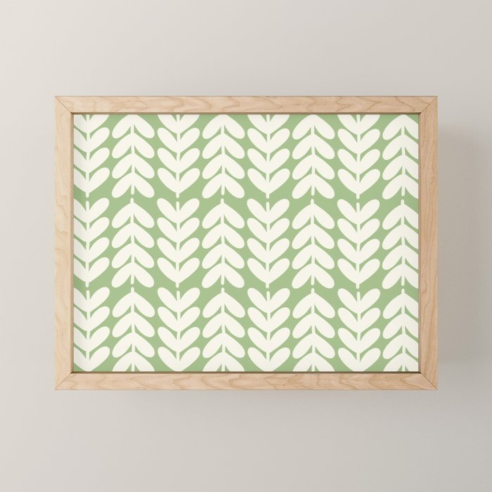 Leaves and Stems Chunky Knit Botanical Pattern in Light Sage Green and Cream Mini Art Print Gallery Image 1