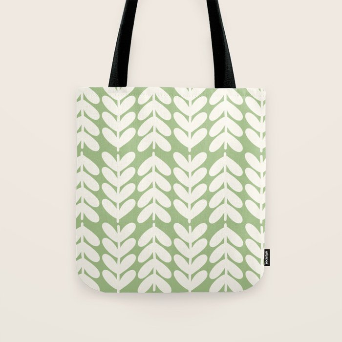 Leaves and Stems Chunky Knit Botanical Pattern in Light Sage Green and Cream Tote Bag Gallery Image 1
