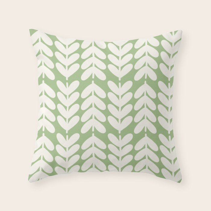 Leaves and Stems Chunky Knit Botanical Pattern in Light Sage Green and Cream Throw Pillow Gallery Image 1