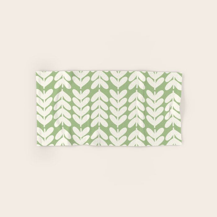 Leaves and Stems Chunky Knit Botanical Pattern in Light Sage Green and Cream Bath Towel Gallery Image 1