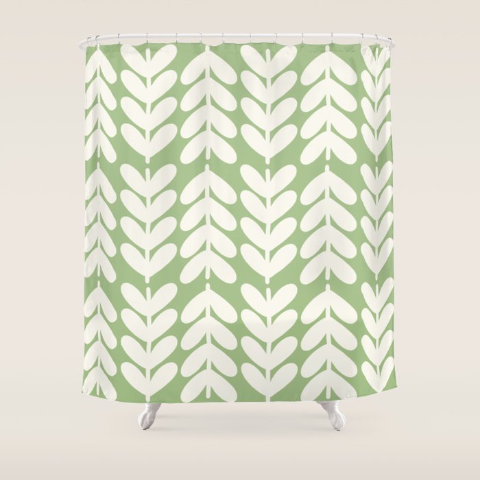Leaves and Stems Chunky Knit Botanical Pattern in Light Sage Green and Cream Shower Curtain Gallery Image 1