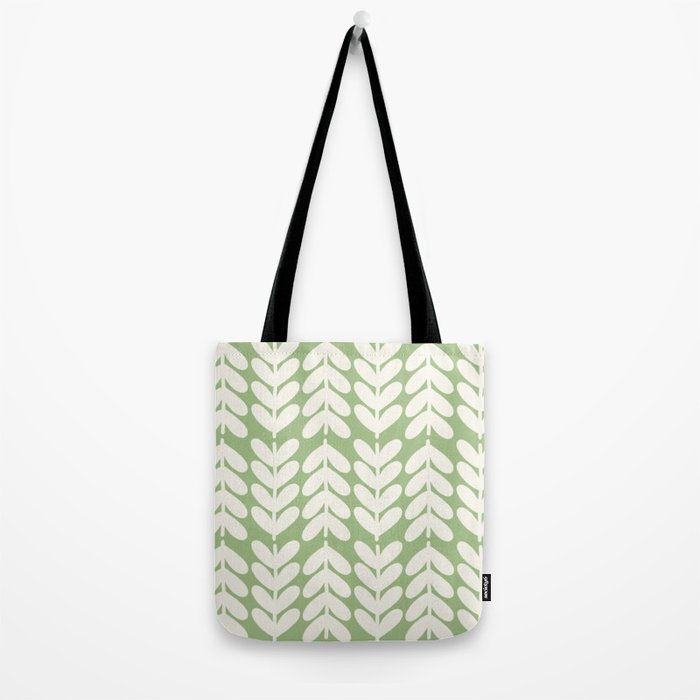 Leaves and Stems Chunky Knit Botanical Pattern in Light Sage Green and Cream Tote Bag Gallery Image 2