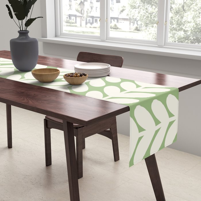 Leaves and Stems Chunky Knit Botanical Pattern in Light Sage Green and Cream Table Runner Gallery Image 2