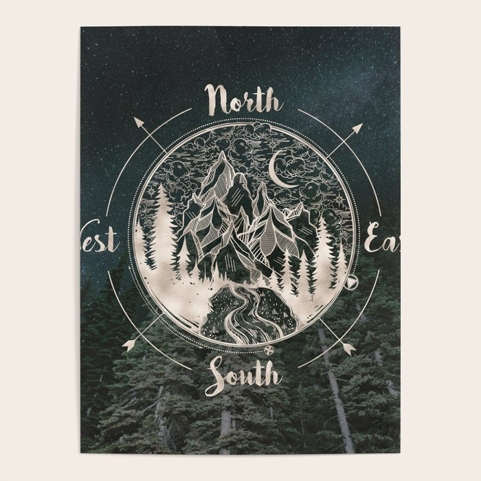 Mountains Compass Milky Way Woods Gold Poster Gallery Image 4