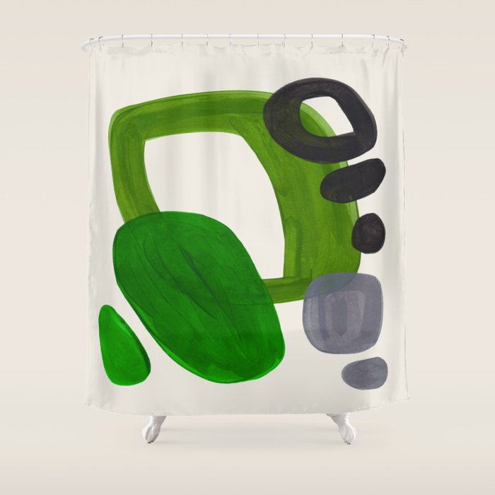 Minimalist Modern Mid Century Colorful Abstract Shapes Olive Green Retro Funky Shapes 60's Vintage Shower Curtain Gallery Image 1