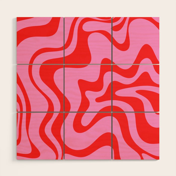 Retro Liquid Swirl Contemporary Abstract in Preppy Pink and Red Wood Wall Art Gallery Image 1