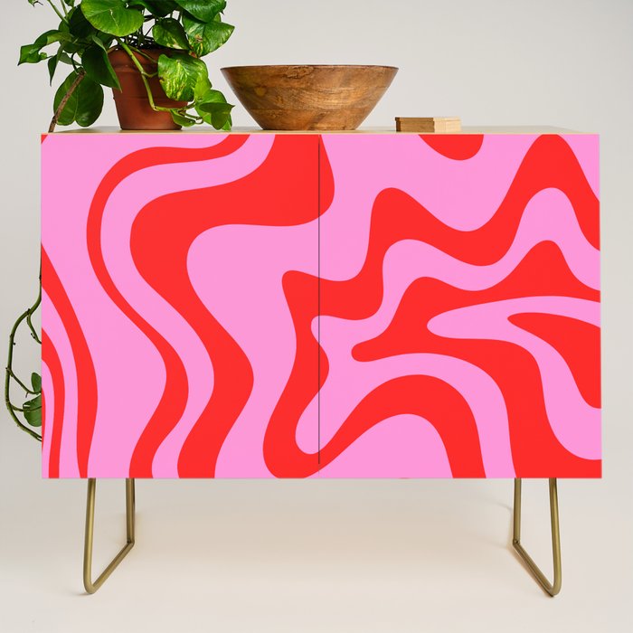 Retro Liquid Swirl Contemporary Abstract in Preppy Pink and Red Credenza Gallery Image 1
