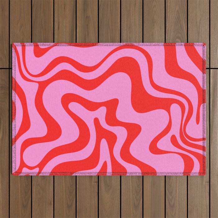 Retro Liquid Swirl Contemporary Abstract in Preppy Pink and Red Outdoor Rug Gallery Image 1
