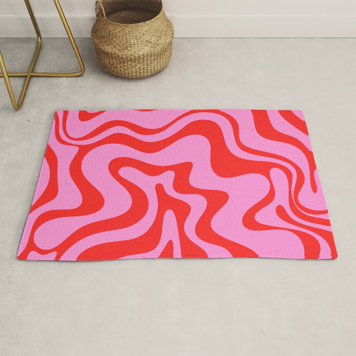 Retro Liquid Swirl Contemporary Abstract in Preppy Pink and Red Rug Gallery Image 1