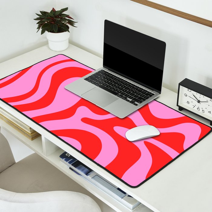 Retro Liquid Swirl Contemporary Abstract in Preppy Pink and Red Desk Mat Gallery Image 2