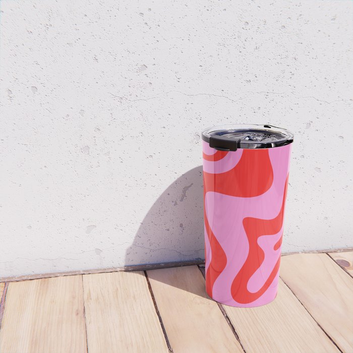 Retro Liquid Swirl Contemporary Abstract in Preppy Pink and Red Travel Mug Gallery Image 4