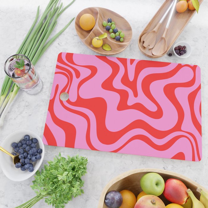 Retro Liquid Swirl Contemporary Abstract in Preppy Pink and Red Cutting Board Gallery Image 2