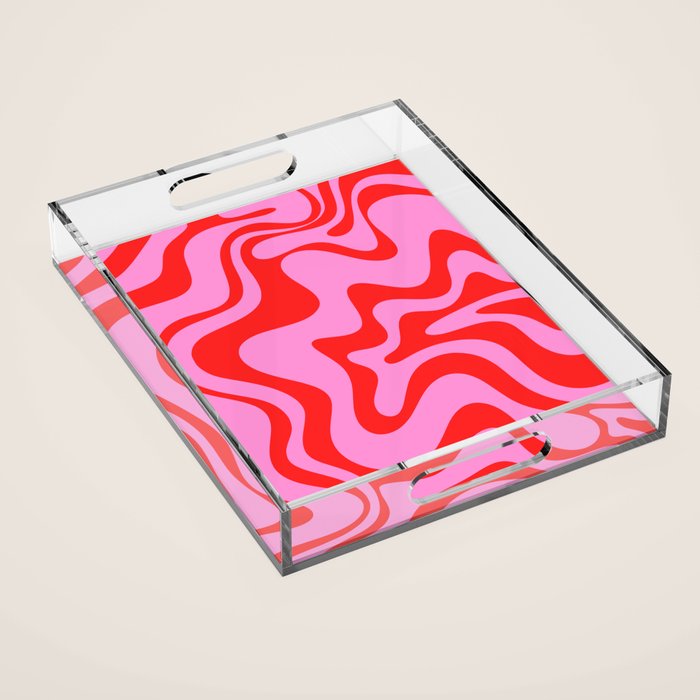 Retro Liquid Swirl Contemporary Abstract in Preppy Pink and Red Acrylic Tray Gallery Image 1