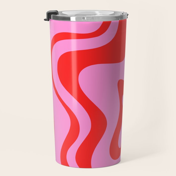 Retro Liquid Swirl Contemporary Abstract in Preppy Pink and Red Travel Mug Gallery Image 3
