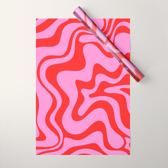 Retro Liquid Swirl Contemporary Abstract in Preppy Pink and Red Wrapping Paper Gallery Image 1