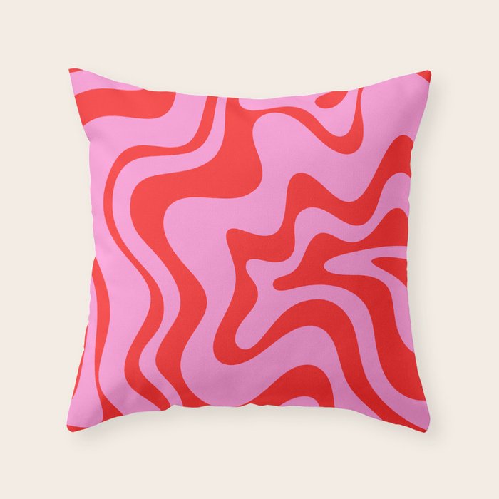 Retro Liquid Swirl Contemporary Abstract in Preppy Pink and Red Throw Pillow Gallery Image 1