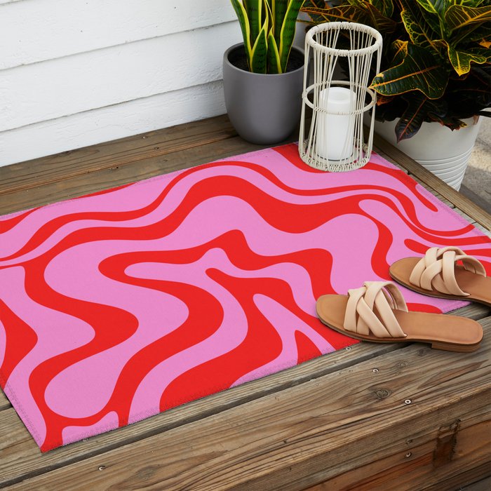 Retro Liquid Swirl Contemporary Abstract in Preppy Pink and Red Outdoor Rug Gallery Image 2