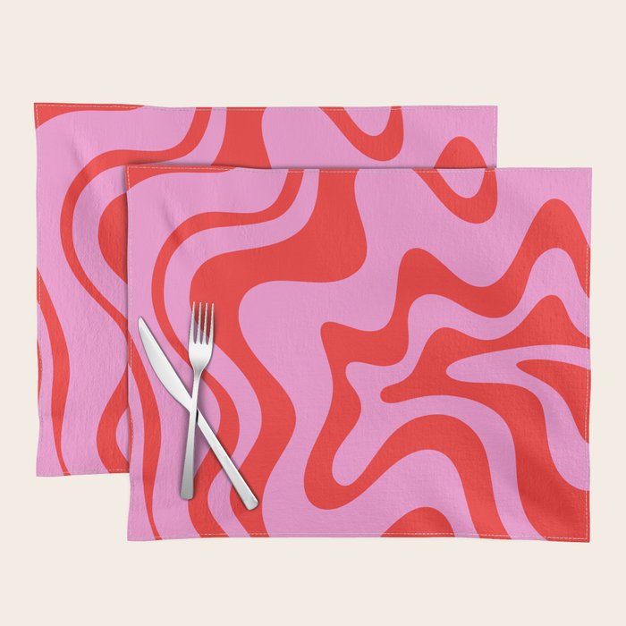 Retro Liquid Swirl Contemporary Abstract in Preppy Pink and Red Placemat Gallery Image 1