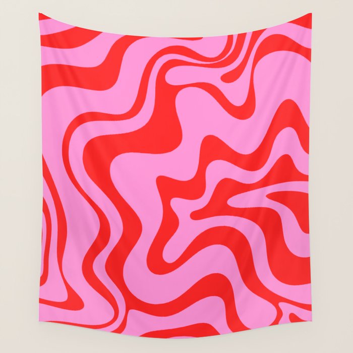 Retro Liquid Swirl Contemporary Abstract in Preppy Pink and Red Wall Tapestry Gallery Image 4