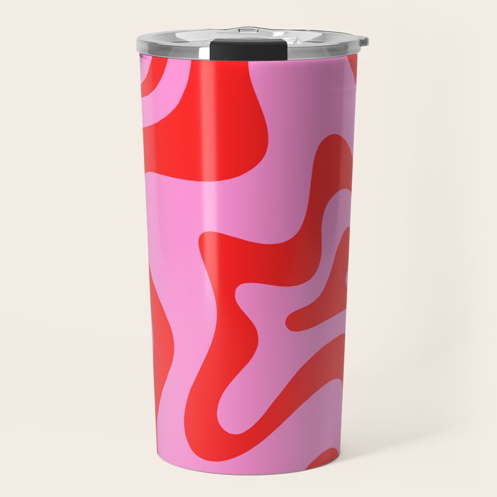 Retro Liquid Swirl Contemporary Abstract in Preppy Pink and Red Travel Mug Gallery Image 1