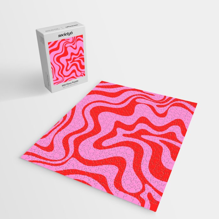 Retro Liquid Swirl Contemporary Abstract in Preppy Pink and Red Jigsaw Puzzle Gallery Image 2