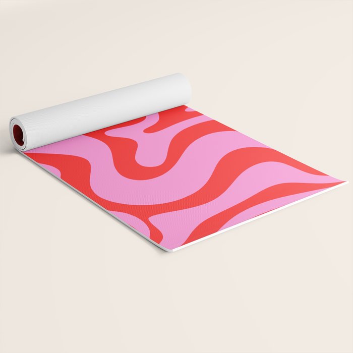 Retro Liquid Swirl Contemporary Abstract in Preppy Pink and Red Yoga Mat Gallery Image 2