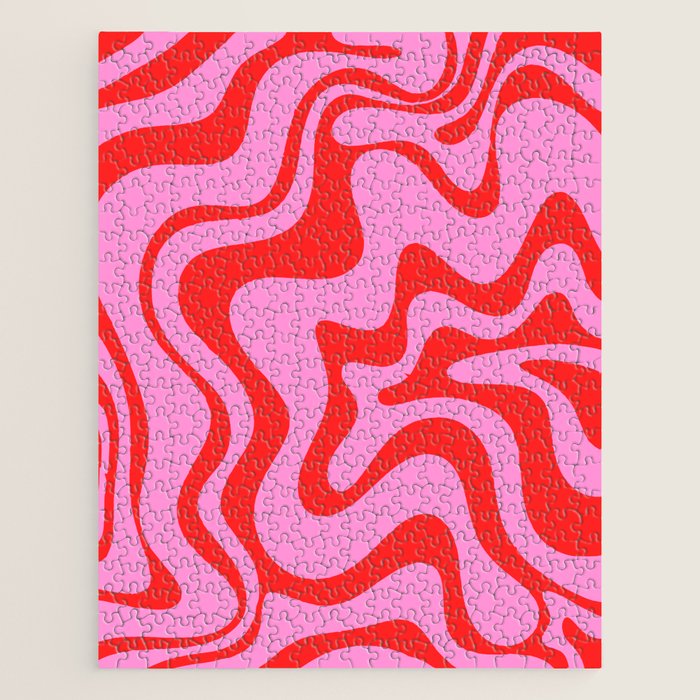 Retro Liquid Swirl Contemporary Abstract in Preppy Pink and Red Jigsaw Puzzle Gallery Image 1