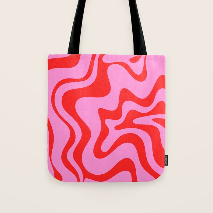 Retro Liquid Swirl Contemporary Abstract in Preppy Pink and Red Tote Bag Gallery Image 1