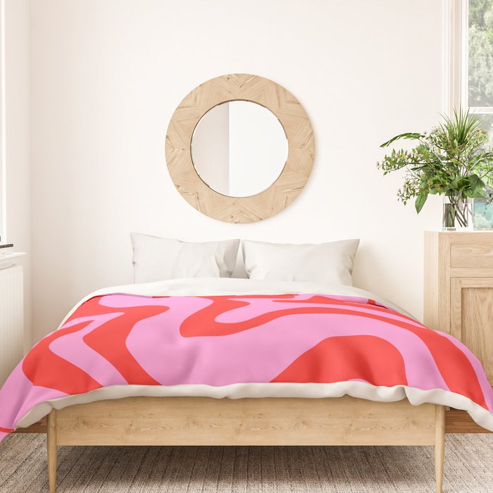 Retro Liquid Swirl Contemporary Abstract in Preppy Pink and Red Duvet Cover Gallery Image 3