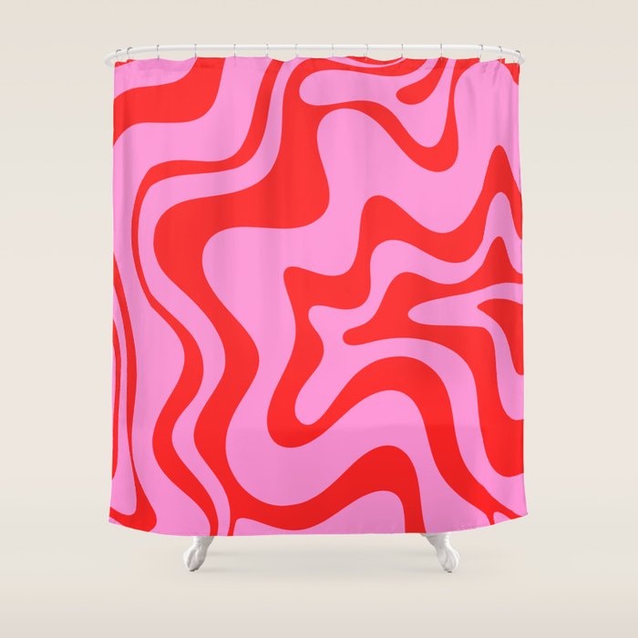 Retro Liquid Swirl Contemporary Abstract in Preppy Pink and Red Shower Curtain Gallery Image 1