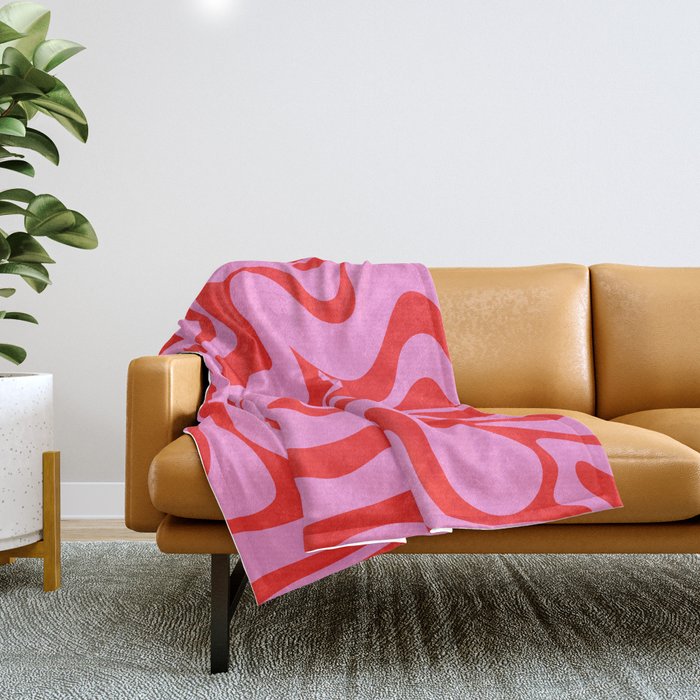 Retro Liquid Swirl Contemporary Abstract in Preppy Pink and Red Throw Blanket Gallery Image 1